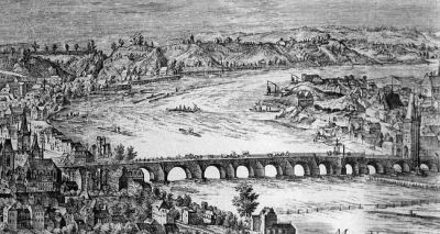 Detail Karlova mostu z Velkého prospektu Van den Bossche z r. 1606